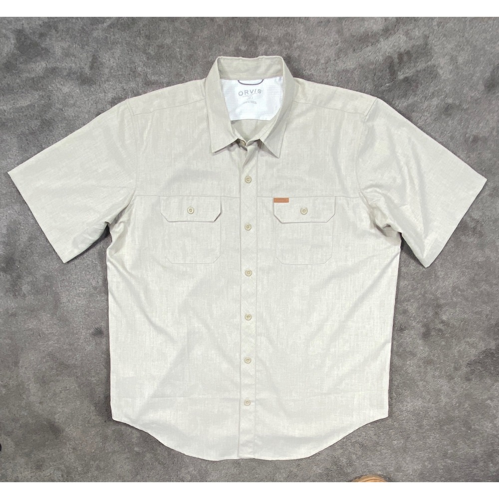 Orvis Button Front Shirt Mens XL Khaki Solid Short Sleeve Classic Collection